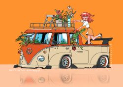 Rule 34 | 1girl, artist name, bocchi the rock!, car, d. wang, flower, flower pot, foliage, hair between eyes, kita ikuyo, leg up, lily (flower), long hair, looking at viewer, mary janes, motor vehicle, one side up, orange background, orange skirt, plant, potted plant, red hair, reflection, rose, shirt, shirt tucked in, shoes, short sleeves, skirt, socks, standing, standing on one leg, sunflower, v, vehicle focus, volkswagen, volkswagen type 2, white shirt, white socks, yellow eyes