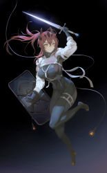 Rule 34 | 1girl, absurdres, arm up, black background, bodysuit, breasts, covered navel, full body, gloves, guihuo inferno, hair between eyes, highres, holding, holding shield, holding sword, holding weapon, medium breasts, original, ponytail, red hair, shield, simple background, solo, sword, thigh strap, weapon, yellow eyes