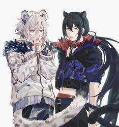 Rule 34 | 2boys, animal ears, animal print, bad id, bad pixiv id, black hair, blue eyes, cat ears, cat tail, collar, cropped jacket, csyday, fate/grand order, fate (series), fingerless gloves, gloves, grey hair, hair between eyes, kemonomimi mode, leash, leopard ears, leopard print, leopard tail, long hair, male focus, multiple boys, panther ears, panther tail, ponytail, prince of lan ling (fate), snow leopard, tail, very long hair, yan qing (fate)