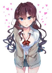 Rule 34 | 10s, 1girl, :3, absurdres, blue eyes, blush, bow, bowtie, breasts, brown hair, cardigan, cleavage, cowboy shot, dress shirt, earrings, hands in pockets, heart, highres, ichinose shiki, idolmaster, idolmaster cinderella girls, jewelry, licking lips, long hair, loose clothes, mayuri kaichou, medium breasts, open cardigan, open clothes, plaid, plaid bow, plaid bowtie, plaid neckwear, school uniform, shirt, simple background, smile, solo, tongue, tongue out, white background