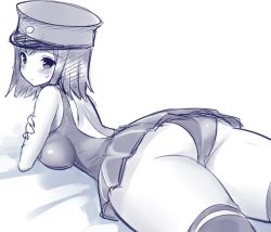 Rule 34 | 10s, 1girl, akitsu maru (kancolle), ass, bare shoulders, black hair, blush, breasts, female focus, hat, huge ass, kantai collection, looking back, lying, medium breasts, monochrome, on stomach, one-piece swimsuit, short hair, simple background, skirt, solo, sweat, swimsuit, thick thighs, thighs, tsukumiya amane, white background, wide hips
