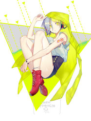 Rule 34 | 1girl, black shorts, boots, closed mouth, commentary request, dated, grey hair, hand up, looking at viewer, original, red footwear, shirt, short hair, short shorts, short sleeves, shorts, signature, solo, white shirt, yamakawa, yellow eyes
