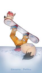 Rule 34 | 1girl, character name, commentary request, failure, fox girl, fox tail, highres, hololive, lower body, omaru polka, pants, snow, snowboard, snowboarding, solo, stuck, tail, upside-down, virtual youtuber, yellow pants, yuuppi, zain (omaru polka)