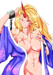 Rule 34 | 1girl, abs, absurdres, blonde hair, breasts, chain, closed mouth, commentary request, cuffs, fugaku (miko no miyatsuguchi), grey background, hand in own hair, highres, horns, hoshiguma yuugi, hoshiguma yuugi (kimono), japanese clothes, kimono, large breasts, long hair, looking at viewer, muscular, muscular female, pointy ears, purple kimono, red eyes, scar, scar on chest, simple background, single horn, smile, solo, touhou, undressing, upper body