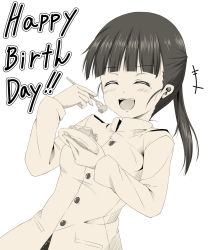 Rule 34 | 1girl, :d, black hair, blush, cake, eating, closed eyes, food, fork, happy birthday, highres, kuragari, long sleeves, military, military uniform, monochrome, open mouth, ponytail, sakamoto mio, smile, solo, strike witches, uniform, world witches series