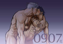 Rule 34 | 2boys, abs, anal, arm grab, ass, bara, beard, black hair, blush, chest tattoo, closed mouth, completely nude, couple, dark-skinned male, dark skin, earrings, facial hair, feet out of frame, from side, goatee, grabbing, heart, heart tattoo, interracial, jewelry, kiss, kokorozashi, long sideburns, male focus, male penetrated, mature male, multiple boys, muscular, muscular male, navel, nipples, nude, one piece, pectoral grab, pectoral press, pectorals, sex, short hair, shoulder tattoo, sideburns, smoker (one piece), stomach, stubble, tattoo, toned, toned male, trafalgar law, white hair, yaoi