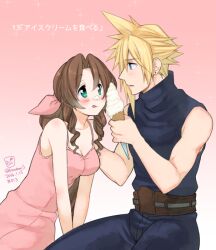 Rule 34 | 1boy, 1girl, aerith gainsborough, artist name, bad id, bad pixiv id, bare arms, bare shoulders, belt, blonde hair, blue eyes, blue pants, blue shirt, blush, braid, braided ponytail, breasts, brown belt, brown hair, cleavage, cloud strife, cowboy shot, dated, dress, earrings, final fantasy, final fantasy vii, food, food on face, gradient background, green eyes, hair between eyes, hair ribbon, holding food, holding ice cream, ice cream, ice cream cone, jewelry, krudears, leaning forward, long hair, looking at another, medium breasts, pants, parted lips, pink background, pink dress, pink ribbon, ribbon, shirt, short hair, sidelocks, signature, single earring, sitting, sleeveless, sleeveless dress, sleeveless turtleneck, spiked hair, tongue, tongue out, turtleneck, twitter username, v arms, wavy hair