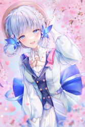 Rule 34 | 1girl, absurdres, ayaka (genshin impact), back bow, blue bow, blue dress, blue eyes, blue hair, blunt bangs, blunt tresses, blush, bow, braid, breasts, butterfly hair ornament, cherry blossoms, collar, dress, facing viewer, flower, genshin impact, hair flower, hair ornament, hat, highres, kamisato ayaka, kamisato ayaka (springbloom missive), light blue hair, long sleeves, medium breasts, official alternate costume, official alternate hairstyle, open mouth, puffy long sleeves, puffy sleeves, smile, solo, twin braids, upper body, white collar, yume (yumeyume 030)
