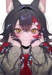 Rule 34 | 1girl, :3, animal ears, black hair, blush, dasui191023, hair between eyes, hands on own face, highres, hololive, jacket, long hair, looking at viewer, multicolored hair, ookami mio, ookami mio (street), orange eyes, simple background, smile, solo, star (symbol), streaked hair, upper body, virtual youtuber, white background, wolf ears, wolf girl