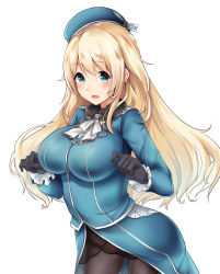 Rule 34 | 1girl, atago (kancolle), beret, black gloves, black pantyhose, blonde hair, blue eyes, breasts, gloves, haregama shiina, hat, highres, kantai collection, large breasts, long hair, long sleeves, military, military uniform, open mouth, pantyhose, simple background, solo, uniform, white background