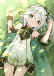 Rule 34 | 1girl, absurdres, arms up, bracelet, dress, genshin impact, green eyes, hair ornament, highres, hino (2nd life), jewelry, long hair, lying, nahida (genshin impact), on back, open mouth, outdoors, pointy ears, short dress, shorts, shorts under dress, side ponytail, sleeveless, sleeveless dress, solo, thighs, white dress, white hair, white shorts