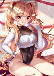 Rule 34 | 1girl, :3, artist name, black bodysuit, blonde hair, blush, bodysuit, bodysuit under clothes, brown hair, closed mouth, commentary, covered collarbone, covered navel, groin, hair bobbles, hair ornament, hand up, heart, highres, long hair, long sleeves, looking at viewer, off-shoulder shirt, off shoulder, original, red eyes, shirt, sitting, sleeves past wrists, smile, solo, squchan, twintails, very long hair, watermark, web address, white shirt
