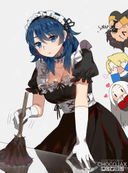 Rule 34 | 2boys, 2girls, alternate costume, artist name, black dress, blonde hair, blue eyes, blue hair, breasts, brown hair, byleth (female) (fire emblem), byleth (fire emblem), cellphone, chibi, chocojax, choker, claude von riegan, cleavage, covering face, dimitri alexandre blaiddyd, dress, duster, edelgard von hresvelg, elbow gloves, enmaided, fire emblem, fire emblem: three houses, frilled choker, frilled dress, frills, glass table, gloves, heart, highres, instagram logo, large breasts, long dress, long hair, maid, maid day, maid headdress, multiple boys, multiple girls, nintendo, patreon logo, phone, pixiv logo, puffy short sleeves, puffy sleeves, short sleeves, smartphone, smile, table, taking picture, twitter logo, upside-down, white gloves, white hair