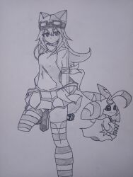 Rule 34 | 1girl, 1other, absurdres, digimon, digimon (creature), goggles, goggles on head, hat, highres, long hair, lunamon, rabbit, sayo (digimon)