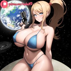 Rule 34 | 1girl, absurdres, arched back, bare arms, bare legs, bare shoulders, belly, bikini, blonde hair, blue bikini, blue eyes, blush, breasts, earth (planet), expressionless, galaxy, gun, heart, heart-shaped pupils, highleg, highres, huge breasts, long hair, looking at viewer, metroid, navel, nintendo, planet, ponytail, raydonxd, samus aran, shiny skin, sitting, skindentation, solo, space, swimsuit, symbol-shaped pupils, upper body, weapon