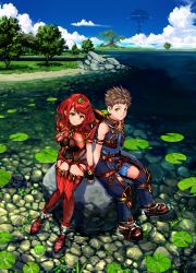 Rule 34 | 1boy, 1girl, absurdres, black gloves, breasts, chest jewel, earrings, fingerless gloves, gem, gloves, headpiece, highres, jewelry, large breasts, poteto (potetosarada123), pyra (xenoblade), red eyes, red hair, red shorts, red thighhighs, rex (xenoblade), short hair, short shorts, shorts, swept bangs, thighhighs, tiara, xenoblade chronicles (series), xenoblade chronicles 2
