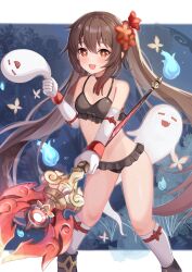 Rule 34 | 1girl, absurdres, bikini, black gloves, boo tao (genshin impact), brown bikini, brown hair, cellphone, flower, flower-shaped pupils, genshin impact, ghost, gloves, hair between eyes, hair flower, hair ornament, highres, holding, holding polearm, holding weapon, hu tao (genshin impact), long hair, midriff, nekopurin (nyanko prin), open mouth, phone, polearm, red eyes, smartphone, smile, solo, stomach, swimsuit, symbol-shaped pupils, twintails, very long hair, weapon