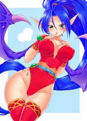 Rule 34 | blue hair, bracelet, breath of fire, breath of fire ii, capcom, demon wings, female focus, green eyes, highres, jewelry, long hair, naughty face, patty the phantom thief, pointy ears, ponytail, tongue, tongue out, wings