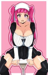 Rule 34 | 1girl, alternate breast size, arm support, artist request, ass, bleach, boots, breasts, curvy, dokugamine riruka, dress, hat, highres, large breasts, long hair, looking at viewer, open mouth, pink background, pink eyes, pink hair, shiny skin, simple background, sitting, skirt, spread legs, tsundere, twintails, upper body
