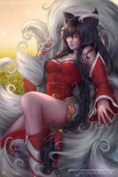 Rule 34 | 1girl, ahri (league of legends), animal ears, bare shoulders, bell, black hair, braid, breasts, chuby mi, cleavage, collarbone, detached sleeves, eyelashes, facial mark, fingernails, fox ears, fox tail, hair between eyes, hair over breasts, hand up, highres, jingle bell, korean clothes, large breasts, league of legends, lips, long fingernails, long hair, long sleeves, looking at viewer, multiple tails, nail polish, orange eyes, sitting, solo, tail, tareme, tassel, thighs, very long hair, watermark, web address