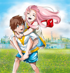 Rule 34 | 10s, 1boy, 1girl, aged down, albyee, arm around neck, bag, bare shoulders, barefoot, blue shorts, blue sky, bracelet, brown hair, cloud, cloudy sky, commentary, couple, darling in the franxx, day, english commentary, floating hair, flower, green eyes, handbag, happy, hetero, highres, hiro (darling in the franxx), holding legs, hug, hug from behind, jewelry, long hair, looking at another, looking back, open mouth, pink hair, shirt, short hair, short sleeves, shorts, sky, sleeveless, sleeveless shirt, white shirt, zero two (darling in the franxx)