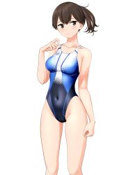 Rule 34 | 1girl, absurdres, breasts, brown eyes, brown hair, clothes writing, commentary request, competition swimsuit, covered navel, cowboy shot, feet out of frame, highres, kaga (kancolle), kantai collection, looking at viewer, medium breasts, medium hair, multicolored clothes, multicolored swimsuit, one-piece swimsuit, side ponytail, simple background, solo, standing, swimsuit, takafumi, variant set, white background