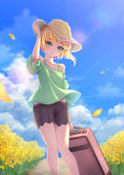 Rule 34 | 1girl, arm up, asymmetrical hair, black shorts, blonde hair, blue sky, breasts, cleavage, cloud, collarbone, day, field, flower, flower field, fumiya-taketatsu, green eyes, green shirt, hat, highres, holding, idolmaster, idolmaster cinderella girls, lens flare, looking at viewer, miyamoto frederica, off-shoulder shirt, off shoulder, outdoors, petals, shirt, short hair, short shorts, short sleeves, shorts, sky, small breasts, smile, solo, standing, striped, striped background, suitcase, sun hat, sunlight, yellow flower, yellow hat