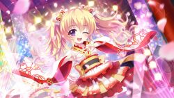Rule 34 | 1girl, architecture, black sash, blonde hair, blurry, blurry foreground, bow, cherry blossoms, dot nose, double v, dutch angle, east asian architecture, film grain, floral print, game cg, hair bow, hasegawa mii, head tilt, izumi tsubasu, japanese clothes, kimono, layered skirt, lens flare, looking at viewer, medium hair, non-web source, obi, official art, one eye closed, open mouth, print kimono, print skirt, purple eyes, re:stage!, red skirt, sash, screen, skirt, smile, solo, sparkle, sparkling eyes, speaker, stage, stage lights, teeth, twintails, upper teeth only, v, white bow, white kimono