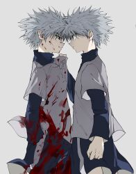 Rule 34 | blood, blood on clothes, blue eyes, blue shirt, blue shorts, clenched hand, closed mouth, dual persona, grey background, highres, hunter x hunter, kasukasugom1, killua zoldyck, layered sleeves, long sleeves, looking at another, shirt, short hair, short over long sleeves, short sleeves, shorts, smile, spiked hair, white hair, white shirt