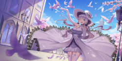 Rule 34 | 1girl, anchor symbol, azur lane, bird, blue eyes, blue sky, blush, breasts, building, cherry blossoms, choker, cleavage, cloud, day, dress, elbow gloves, feathers, floating hair, garter straps, gloves, hair ornament, hair ribbon, hand up, hat, highres, illustrious (azur lane), j junz, jewelry, lamppost, large breasts, long hair, looking at viewer, low twintails, mole, mole under eye, one eye closed, open mouth, outstretched arm, pantyhose, pendant, revision, ribbon, road, sidelocks, sky, smile, solo, street, sun hat, thighhighs, tress ribbon, twintails, white dress, white gloves, white hair, white hat, white thighhighs, wind, wind lift