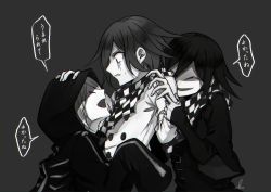 Rule 34 | 3boys, alternate costume, black background, black jacket, checkered clothes, checkered neckwear, checkered scarf, commentary request, danganronpa (series), danganronpa v3: killing harmony, dual persona, grey jacket, hand on another&#039;s head, hand up, height difference, highres, holding, holding another&#039;s wrist, hood, hood up, jacket, kitsunebi v3kokonn, long sleeves, looking at another, looking at viewer, looking up, male focus, mask, multiple boys, open mouth, oma kokichi, pants, purple eyes, scarf, short hair, simple background, sleeves past fingers, sleeves past wrists, smile, speech bubble, spot color, sweat, translation request, upper body, yaoi