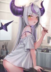 Rule 34 | 1girl, ahoge, ass, bare shoulders, blush, crow (la+ darknesss), demon girl, demon horns, grey hair, hair between eyes, highres, holding, holding toothbrush, hololive, horns, kanzarin, la+ darknesss, long hair, looking at viewer, multicolored hair, open mouth, pointy ears, purple hair, shirt, solo, streaked hair, striped horns, toothbrush, very long hair, virtual youtuber, yellow eyes