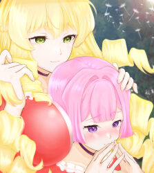 2girls akuyaku_reijou_tensei_ojisan anna_doll between_breasts blonde_hair blush breasts choker closed_mouth drill_hair eyebrows_hidden_by_hair fidgeting full-face_blush grace_auvergne green_eyes head_between_breasts headpat highres hug jacket large_breasts lips long_hair looking_at_viewer minori-tei multiple_girls pink_hair playing_with_own_hair purple_choker purple_eyes red_jacket smile upper_body very_long_hair wavy_mouth yuri