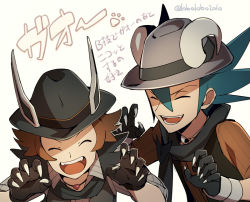 Rule 34 | 2boys, artist name, black headwear, black vest, brown hair, brown shirt, claw pose, closed eyes, collared shirt, commentary request, creatures (company), game freak, gloves, green hair, grey headwear, grimsley (pokemon), hat, hilbert (fall 2020) (pokemon), hilbert (pokemon), jewelry, male focus, momoji (lobolobo2010), multiple boys, necklace, nintendo, official alternate costume, open clothes, open mouth, open vest, pokemon, pokemon bw, pokemon masters ex, shirt, smile, teeth, tongue, vest, watermark