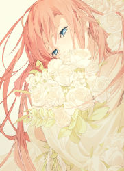Rule 34 | 1girl, absurdres, bad id, bad pixiv id, blue eyes, bouquet, commentary request, covered mouth, ff14yonah, final fantasy, final fantasy xiv, flower, hair ribbon, highres, holding, holding bouquet, long hair, looking at viewer, pink hair, pink ribbon, ribbon, ryne waters, simple background, solo, upper body, white flower, yellow background