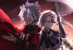 Rule 34 | 1boy, 1girl, amakusa shirou (fate), back-to-back, blue eyes, braid, chain, coat, cross, cross necklace, fate/apocrypha, fate/grand order, fate (series), flag, gauntlets, headpiece, jeanne d&#039;arc (fate), jeanne d&#039;arc (ruler) (fate), jewelry, light smile, long hair, long sleeves, necklace, omizu (omz), red coat, ruler (fate/grand order), single braid, spiked hair, upper body, yellow eyes