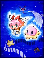 Rule 34 | 1girl, :d, blue eyes, blush, bow, carrying, crystal, fairy, flying, heart, kirby, kirby (series), kirby 64, nintendo, open mouth, pink hair, planet, ribbon, ribbon (kirby), smile, space, star (symbol), warp star, wings