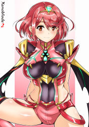 Rule 34 | 1girl, absurdres, armor, blush, breasts, brown eyes, covered navel, highres, large breasts, looking at viewer, nintendo, pyra (xenoblade), red hair, short hair, smile, solo, xenoblade chronicles (series), xenoblade chronicles 2, xenoblade chronicles (series), xenoblade chronicles 2
