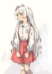 Rule 34 | 1girl, adapted costume, alternate costume, beige background, black eyes, blunt bangs, blush, buttons, clenched hands, closed mouth, collared shirt, dress shirt, embarrassed, fujiwara no mokou, geppewi, grey background, hair ornament, hair ribbon, jpeg artifacts, long hair, long sleeves, looking away, low-tied long hair, multicolored background, name tag, ofuda, red skirt, ribbon, shirt, skirt, sleeve cuffs, solo, suspender skirt, suspenders, touhou, tress ribbon, two-tone background, very long hair, white hair, white shirt