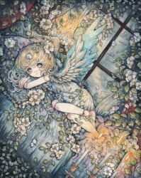 Rule 34 | 1girl, angel, angel wings, barefoot, bed, blonde hair, blue eyes, candle, candlestand, closed mouth, doll, doll joints, dress, expressionless, feathered wings, flower, highres, joints, leaf, long hair, looking at viewer, lying, original, painting (medium), pillow, plant, rusetsuksr, solo, traditional media, vines, watercolor (medium), white flower, white wings, window, wings
