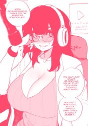 Rule 34 | 1girl, blazer, blush, breasts, chair, cleavage, english text, facing viewer, headphones, highres, indoors, jacket, large breasts, looking at viewer, microphone, monochrome, norman maggot, original, radio booth, solo, speech bubble, sunglasses, sweatdrop