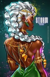 Rule 34 | 1girl, alternate hairstyle, armlet, back, beads, braid, circlet, commentary, dark-skinned female, dark skin, dress, english commentary, closed eyes, from behind, gold, green dress, hair beads, hair ornament, hair over shoulder, highres, jewelry, lips, lipstick, long braid, makeup, marcus williams, marvel, narrow waist, neck ring, necklace, no bra, nose, pompadour, single braid, solo, storm (x-men), strapless, strapless dress, thick eyebrows, very dark skin, white hair, x-men