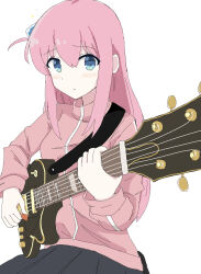 Rule 34 | 1girl, bare shoulders, blue eyes, blush, bocchi the rock!, breasts, closed mouth, cube hair ornament, electric guitar, expressionless, gibson les paul, gotoh hitori, grey skirt, guitar, hair between eyes, hair ornament, highres, holding, instrument, jacket, loafers, long hair, long sleeves, looking at viewer, medium breasts, music, one side up, open mouth, pink hair, pink jacket, playing instrument, pleated skirt, raised eyebrows, shoes, side ponytail, simple background, skirt, small breasts, solo, theon (te2eo), track jacket, white background
