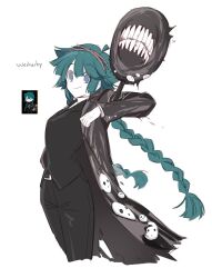 Rule 34 | 1girl, black coat, black jacket, black necktie, black pants, blue eyes, blue hair, braid, closed mouth, coat, collared shirt, crown of thorns, e.g.o (project moon), employee (project moon), highres, jacket, lob juice, lobotomy corporation, long hair, long sleeves, mask, necktie, pants, project moon, shirt, smile, solo, twin braids, very long hair, white shirt