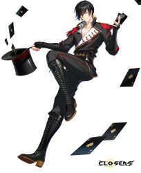 Rule 34 | 1boy, ace (playing card), ace of clubs, ace of diamonds, ace of hearts, ace of spades, belt, between fingers, black belt, black footwear, black gloves, black hair, black jacket, black pants, blue eyes, boots, card, chulsoo kim (closers), closed mouth, closers, club (shape), collarbone, collared shirt, copyright name, cross-laced footwear, diamond (shape), dress shirt, epaulettes, fingerless gloves, full body, gloves, hair between eyes, hand up, hat, heart, highres, holding, holding card, holding clothes, holding hat, jacket, knee boots, lace-up boots, leg up, logo, long sleeves, looking at viewer, looking to the side, male focus, official art, pants, pants tucked in, pectoral cleavage, pectorals, playing card, shirt, short hair, solo, spade (shape), standing, standing on one leg, striped clothes, striped shirt, tachi-e, top hat, unworn hat, unworn headwear, v-neck, vertical-striped clothes, vertical-striped shirt, white background