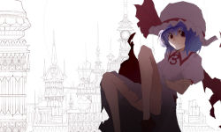 Rule 34 | 1girl, architecture, bare shoulders, building, city, collar, dress, female focus, frilled collar, frilled shirt collar, frills, hat, looking at viewer, mob cap, pink dress, puffy short sleeves, puffy sleeves, red eyes, remilia scarlet, scarlet devil mansion, short hair, short sleeves, silver hair, solo, touhou, tsuki yuuhi