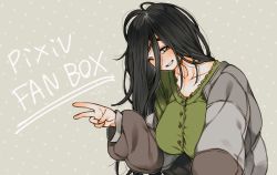 Rule 34 | 1girl, black hair, blush, breasts, fanbox, green sweater, grey background, grey eyes, hair between eyes, huge breasts, jacket, long hair, long sleeves, looking at viewer, muroku (aimichiyo0526), one eye closed, open clothes, open jacket, original, signature, smile, solo, sweater, v