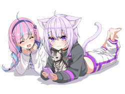 Rule 34 | 2girls, :3, absurdres, ahoge, animal ear fluff, animal ears, asanaya, barefoot, black shirt, blue hair, blush, braid, cardigan, cat, cat ears, cat tail, cellphone, clenched hands, closed eyes, clothing cutout, collar, feet, hairband, hand to own mouth, highres, hololive, legs up, long hair, lying, midriff, minato aqua, minato aqua (sailor), multicolored hair, multiple girls, nekomata okayu, nekomata okayu (1st costume), on stomach, open mouth, panties, pants, panty peek, phone, pink hair, pink panties, purple eyes, purple hair, shirt, short hair, simple background, smartphone, smile, soles, tail, tail through clothes, temari (nekomata okayu), the pose, toes, twin braids, twintails, two-tone hair, underwear, virtual youtuber, white background, white cardigan, white pants
