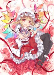 Rule 34 | 1girl, bad id, bad pixiv id, black thighhighs, blonde hair, character doll, feathers, flandre scarlet, flower, hat, hat ribbon, highres, looking at viewer, mob cap, open mouth, over-kneehighs, puffy short sleeves, puffy sleeves, red eyes, red flower, red footwear, red ribbon, red rose, red skirt, remilia scarlet, ribbon, rose, shoes, short sleeves, skirt, skirt set, smile, solo, thighhighs, touhou, toutenkou, white hat, wings, wrist cuffs