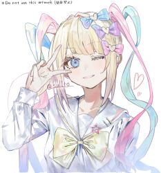 Rule 34 | 1girl, blonde hair, blue bow, blue eyes, blue hair, blue shirt, bow, chouzetsusaikawa tenshi-chan, commentary request, hair bow, hand up, heart, highres, long hair, long sleeves, looking at viewer, multicolored hair, multiple hair bows, needy girl overdose, one eye closed, open mouth, pink bow, pink hair, purple bow, quad tails, sailor collar, shirt, smile, solo, translation request, tsukikaze aki, upper body, v over eye, white background, yellow bow